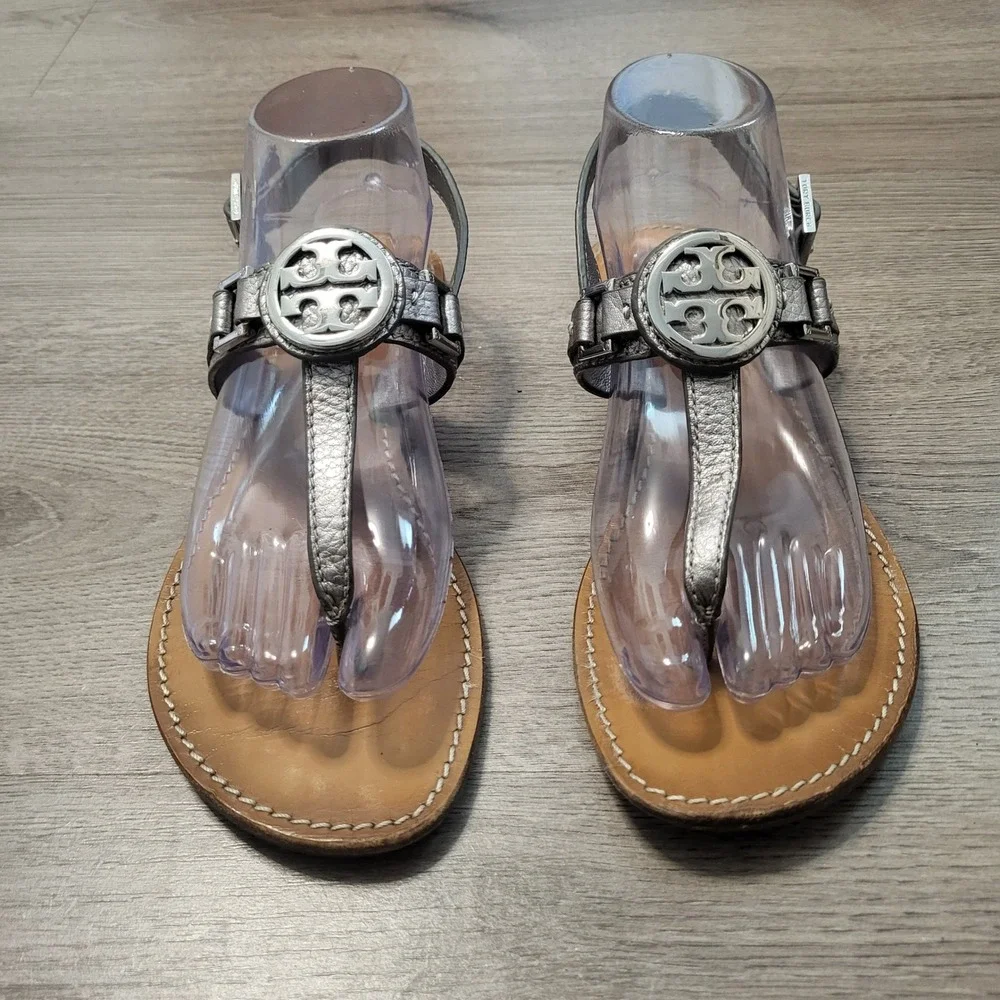 Tory Burch size 8 Metallic Silver Pewter Leather Ankle Strap Sandals Flat Logo